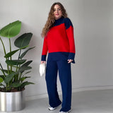 Fongt Autumn New Fashion Splicing Color Blouse Loose Wide Leg Trousers Set Women