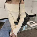 Fongt Shoulder Sweater Autumn And Winter Lazy Wind Loose Retro Wear Bottom Shoulder Collar Knitted Blouse Female Retro Style