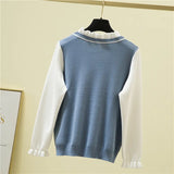 Women Knitted Sweater Female Ruffle Collar Long Sleeve Preppy Style Fake Two Piece Pullovers Slim Fitting Splicing Jumper