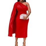 Fongt Women's Autumn Fashion Slanted Shoulders Solid Color Pressure Folded High Waist Tight Body Dress African Dress