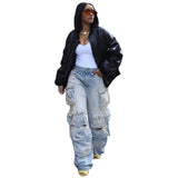 Fongt Hot Women's New Retro Casual Hole-Breaking Workwear Wide-Legged Multi-Bag