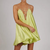 Chain Satin Low Back Swing Dress with Iridescent Crystal Straps and Deep V Neck Sexy Celebrity Party Club Y2K