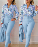Women's Elegant Two Piece Pants Sets Printed Long Sleeve Shirts and Pants with Belt Fashion Women 2pcs Suits Office