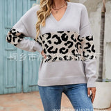 Fongt Autumn And Winter New V-Neck Spliced Knitted Shirt Women's Jacket Leopard Print Women's Sweater