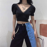 Black Backless Mesh Bandage Female Clothes Fashion Vintage Tee Sexy Bodycon Lace Women Summer Crop
