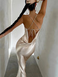 Backless Satin Dresses for Women 2023 Autumn Spaghetti Strap Sleeveless Party Night Clubwear Sexy Slip Dress