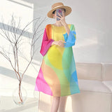 Fongt House Folded Spring And Summer New Geometric Impact Color Printing Dress Loose Meat Masking Long Sleeve Color Skirt
