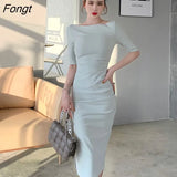 Women New Elegant Midi Base Dress Bodycon Office Lady Work Wear Solid One Piece Slim Clothing Femme Fashion