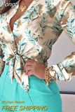 Women Elegant Floral Print Blouse Shirt 2023 Autumn New Casual Long Sleeve Button Tops Lady Sexy Bandage Turn-Down Collar