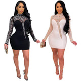 Mesh Patchwork Rhinestone Party Club Bodycon Mini Dress for Women Long Sleeve Elegant Birthday Night Sexy Tight Dresses-Outfit
