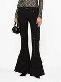 Fongt 2024 New High Waist Horn Trousers Overalls Style Slim Show Thin Versatile Ribbon Decoration Floor Casual Pants-Outfit