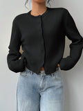 Fongt And Winter Sweater Women's Fashion Thin Round-Neck Long Sleeve Button Short Loose Cardigan Top Coat