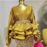 Fongt Suit Female Temperament Lantern Long Sleeve V Collar Lotus Leaf Swing Bright Shirt Female High-Waist Lysic Half Skirt