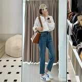 Fongt Blue Nine-Point Jeans Women 2025 New High-Rise Display Thin Man Retro Narrow Version Of Straight Smoke Pipe Pants