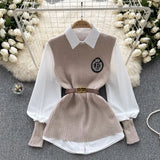 Fongt Style Advanced Sense Light Luxury Socialite Suit Female Autumn And Winter Pure Color Loose Long-Sleeved Shirt Sleeveless Knit Vest-Outfit