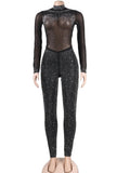 Sparkle Mock Neck Black Rhinestones Mesh Jumpsuits New Chic Sheer Mesh Back Zipper Sequins Romper Nightclub