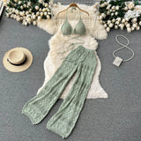 Fongt Bikini Top High Waist Straight Leg Wide Leg Pants Knit Hollowed-Out Pants Suit-Outfit