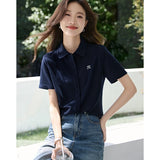 Fongt Embroidered Comfortable Shirt For Summer 2025 Light And Casual Polo Collar Beaded Knitted Shirt For Women