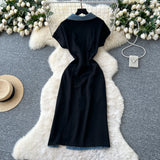 Fongt Fashion Niche Fashion Heavyweight Diamond Lace Splicing Polo Collar Short Sleeves Denim Waist Dress Women's Summer Dress