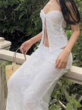 2pcs Women Sets Lace Corsets Strapless Off Shoulder Tube Tops Party Club Mesh See Through Vests Low Waist Long Skirts-Outfit