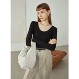 Office Lady Newly Autumn 2021 U-neck Wool Sweater Women Long-sleeved Slim Black Bottoming Shirt Women Grey