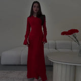 Fongt Temperament Micro-Trumpet Folded Cross Superimposed Tying Belt Girded Waist Dressing Spliced High-Waisted Dress