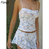 Women y2k Clothes Sets 2Pcs Suit Lace Flower Perspective Sleeveless Camisole + Elastic Waist Shorts Summer