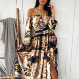 Fongt New Evening Dress Print Dress V Collar Retro Long Sleeves Open Fork