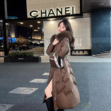 High-End Fox Big Fur Collar Down Jacket Women's Long Style 2024 Winter Knee Bundle Waist Show Thin White Duck Down Fashion Coat-Outfit