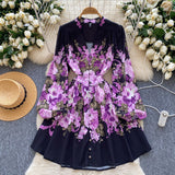 Fongt Elegant V-Neck Single-Drace Printed Dress Women To Collect Waist Thin A-Word Short Dress 2025 Spring Dress