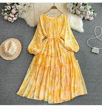 Fongt New Gentle Style Temperament Long-Sleeved Round Recipient Waist Thin Print Chiffon Big Swing Long Dress Woman