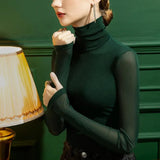 Winter Mesh T Shirts Women's Solid Turtleneck Full Sleeve Slim Basic Tshirts Tees Female High Stretch Undershirts-Outfit
