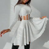 Patchwork Hollow Out A-Line Dress Sexy Slim Solid Basic Long Sleeve Mini Dresses For Women 2021 Elegant Fashion