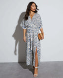 Fongt Women's Spring-Summer Printing Long-Sleeved Print V-Neck Dress Women