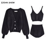 Vintage Shaggy Korea Style Black Cardigan Furry Single-breasted Button Tank Top Knitted Sweater Jumper 1