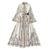 Fongt Dress New Retro Print Collar Collar Horn Sleeve Dress Women's Single Buckle Large Irregularly Folded Long Skirt