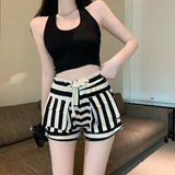 Drawstring Wild Shorts Women Stripe Printing Pocket High Waist Shorts Bandage Easy Elastic Casual Short Pants Lady-Outfit