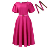 Fongt Women's 2025 Summer Fashion Bubble Sleeve Elegant High- Waist Solid Colored Round Dress African Dress