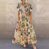 Fongt Explosion Women's Vintage Flower Printed Short Sleeve Round Dress