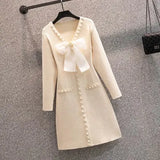Winter Warm Knitted Sweater Dresses French Vintage Long Sleeve Pearl Beading Bow V Collar Long Sleeve