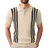 Fongt Men's Summer Short Sleeve Knit Dress Black Striped Business Casual POLO Shirt Men's