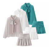 Fongt Women's Two-Piece Summer Thin Bow Tie With Long-Sleeved Cover Loose Shirt Folded Mini Dress