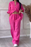 Fongt New Women's Solid Color Single-Button Long-Sleeved Shirt Two Sets Of Wide Leg Trousers With