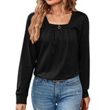 2023 New Casual Square Collar Pure Color Pleated Long-Sleeved Top T-Shirt Women-Outfit