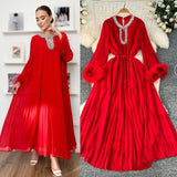 Fongt 2025 New Elegant Solid Dress Round Collared Loose Hair Splicing 100 Folding Long Dress
