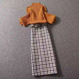 Ladies Elegant Suits Fall Winter Two Pieces Sets Womens Turtleneck Knitted Sweaters Tops And Tweed Plaid Long Skirts