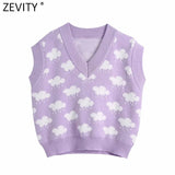Women Fashion V Neck Cloud Pattern Knitting Sweater Female Sleeveless Casual Slim Vest Chic Leisure Pullovers Tops