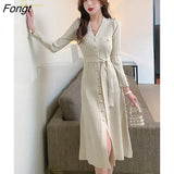 Han Queen Autumn Winter A-Line Knit Dresses Women V-neck Single-Breasted Lace-Up Vintage Casual Vestidos Simple Office