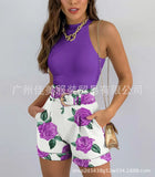 New Women's Summer Independent Station Impact Color Printed Shorts Vest Set-Belt-Outfit