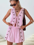 Fashion Embroidery V-Neck Cotton Shorts Set 2025 New